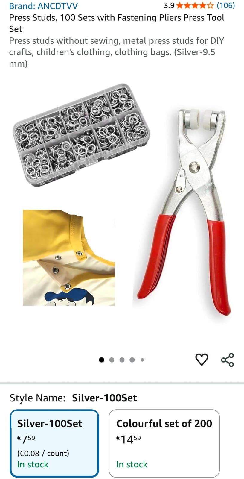 Press Studs, 100 Sets with Fastening Pliers Press Tool Set